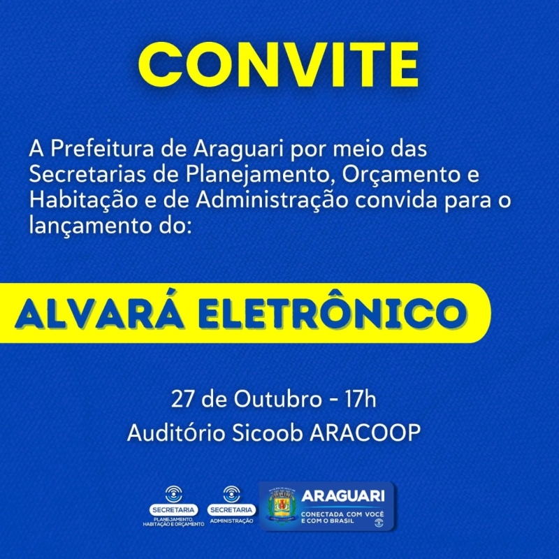 Sempre pensando em modernizar e agilizar o atendimento ao cidadão araguarino, a prefeitura de Araguari lança nesta quarta-feira (27), às 17h, na sede da Sicoob/ARACOOP o Alvará Eletrônico.