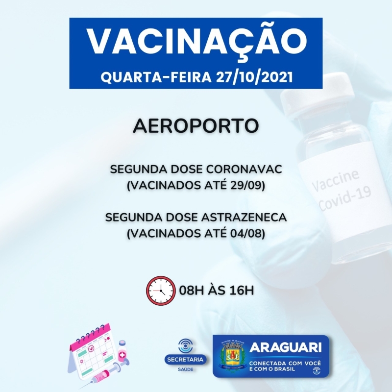 Serão disponibilizadas primeira dose para pessoas com 12 anos ou mais que ainda não se vacinaram, segunda dose de Pfizer, Coronavac e Astrazeneca, dose de reforço para idosos de 67 anos ou mais, profissionais da Saúde e Imunossuprimidos