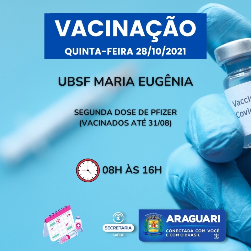 Dando andamento à vacinação conta Covid-19, a prefeitura de Araguari imunizará nesta quinta-feira (28), primeira dose para pessoas com 12 anos ou mais que ainda não se vacinaram, segunda dose de Pfizer, Coronavac e Astrazeneca, dose de reforço para idosos de 67 anos ou mais, profissionais da Saúde e Imunossuprimidos.