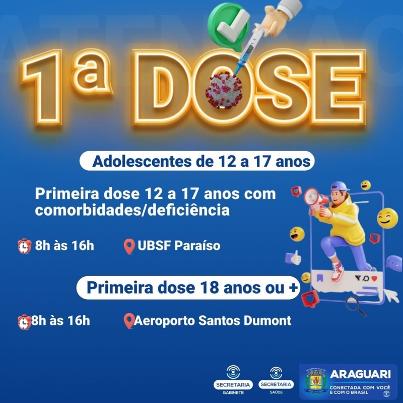 Nesta terça-feira (21), a prefeitura de Araguari iniciará a vacinação da dose de reforço para idosos acima de 80 anos que estejam com o esquema vacinal completo (segunda dose há pelo menos 6 meses).