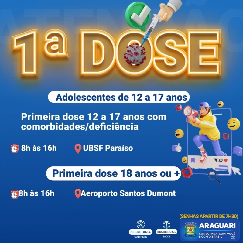 Nesta quarta-feira (22), a prefeitura de Araguari dará continuidade a vacinação da dose de reforço para idosos acima de 80 anos que estejam com o esquema vacinal completo (segunda dose há pelo menos 6 meses).