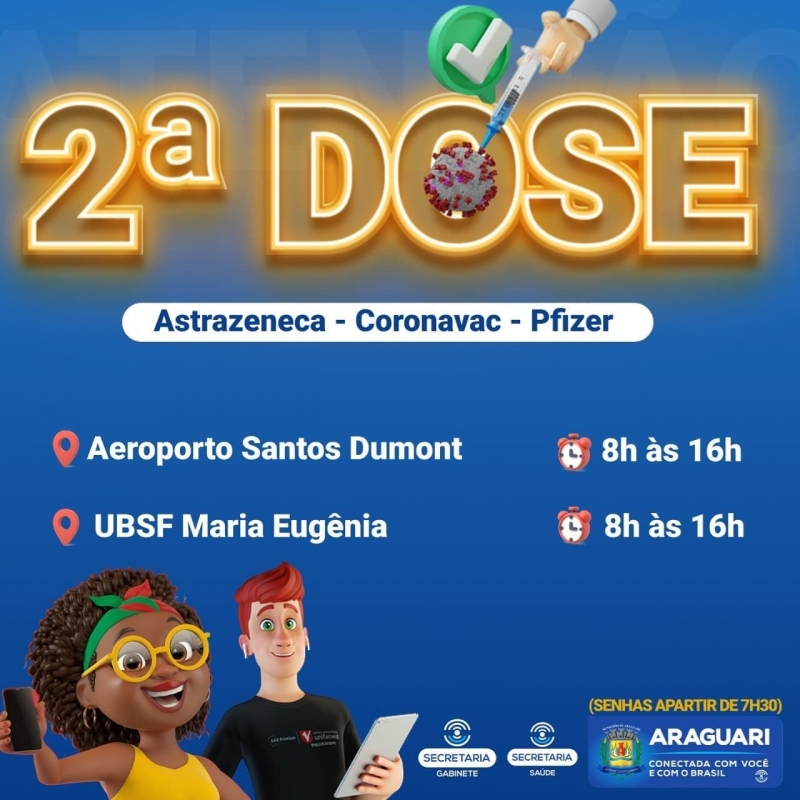 Nesta quarta-feira (22), a prefeitura de Araguari dará continuidade a vacinação da dose de reforço para idosos acima de 80 anos que estejam com o esquema vacinal completo (segunda dose há pelo menos 6 meses).