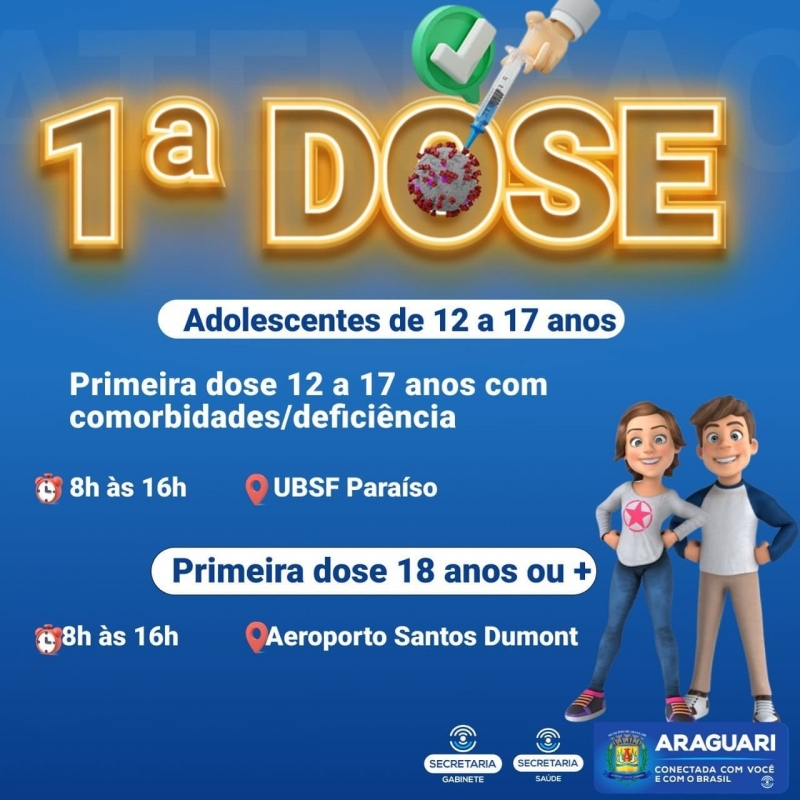 Nesta quinta-feira (23), a prefeitura de Araguari avançará na vacinação da dose de reforço para idosos acima de 79 anos que estejam com o esquema vacinal completo (segunda dose há pelo menos 6 meses).