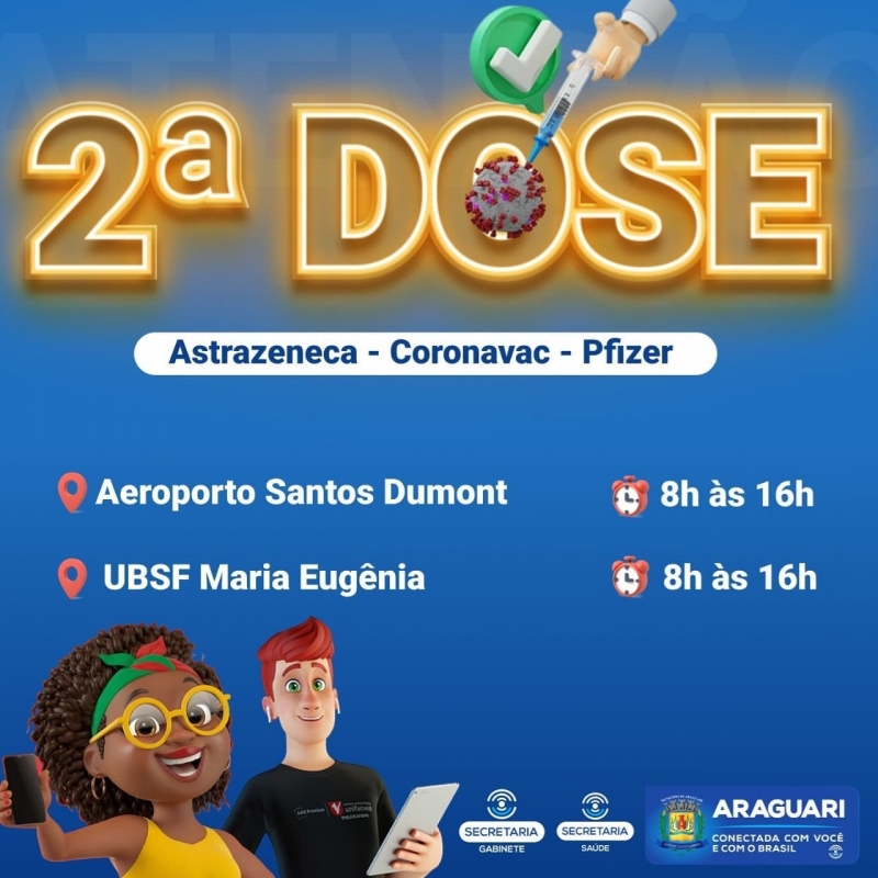 Nesta quinta-feira (23), a prefeitura de Araguari avançará na vacinação da dose de reforço para idosos acima de 79 anos que estejam com o esquema vacinal completo (segunda dose há pelo menos 6 meses).