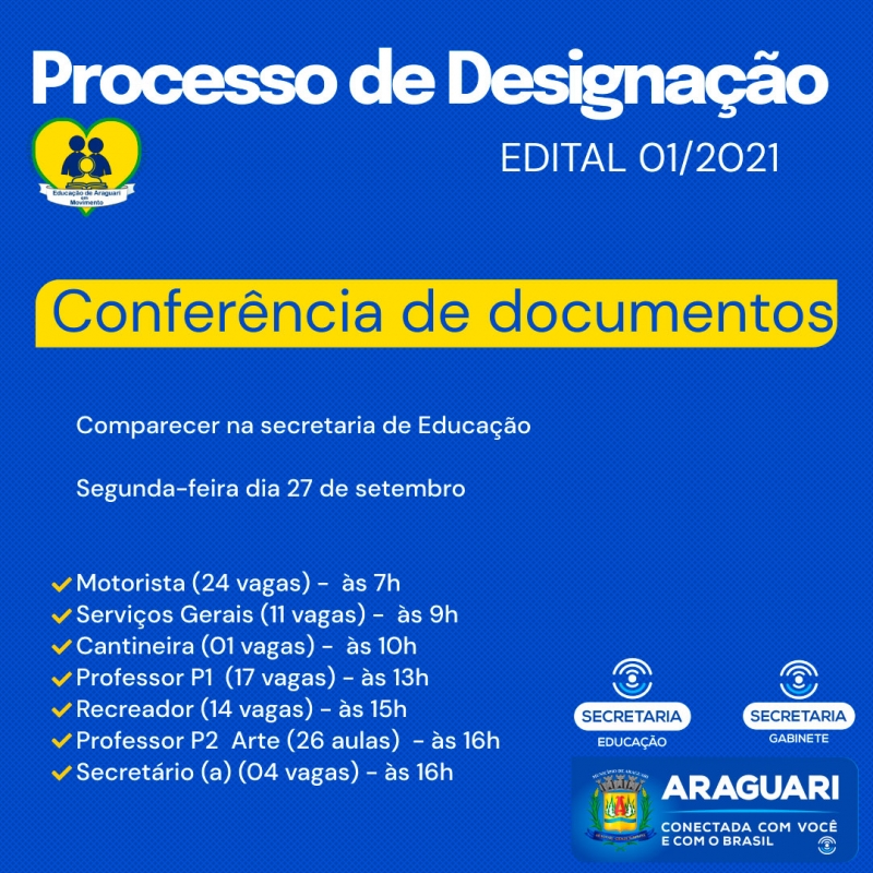 A prefeitura de Araguari através da secretaria de Educação, convoca os candidatos inscritos para o Processo de Designação 001/2021 a comparecerem na sede da secretaria, nesta segunda-feira (27), para conferência de documentos para fins de contratação temporária, nos seguintes horários: