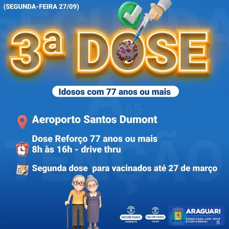 A vacinação em Araguari será retomada na próxima segunda-feira (27), com a dose de reforço para idosos acima de 77 anos que se vacinaram com a segunda dose até o dia 27 de março.