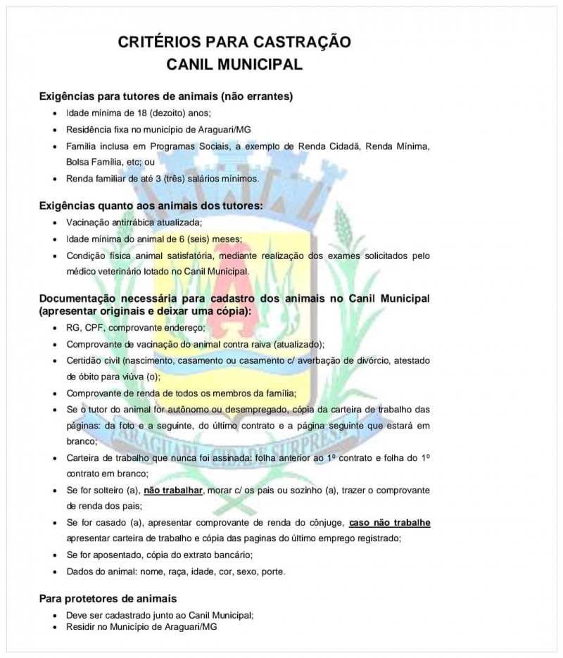 Com o objetivo de proteger a saúde e o controle populacional de animais no município, a prefeitura de Araguari através da secretaria de saúde e do Canil municipal, está realizando castrações gratuitas de cães e gatos.