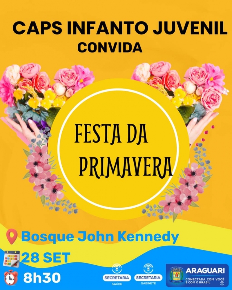 A prefeitura de Araguari através da secretaria de Saúde e do Caps Infanto Juvenil convida a todos para comemorar a Festa da Primavera, que acontecerá nesta terça-feira (28) às 8h30, no bosque John Kennedy.