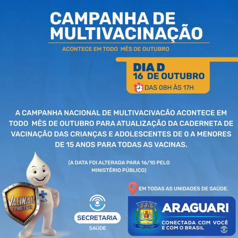 O dia “D” da Campanha Nacional de Multivacinação mudou para o dia 16 de outubro de 2021 (sábado). O município segue a determinação do Ministério da Saúde. Crianças e adolescentes de 0 a menores de 15 anos podem procurar um dos postos de vacinação da cidade.