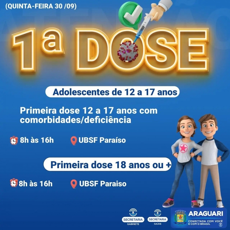 A vacinação da dose de reforço em Araguari continua avançando. Nesta quinta-feira (30), idosos acima de 74 anos que se vacinaram com a segunda dose até o dia 1 de abril, podem comparecer até ao aeroporto Santos Dumont das 8h às 16h.