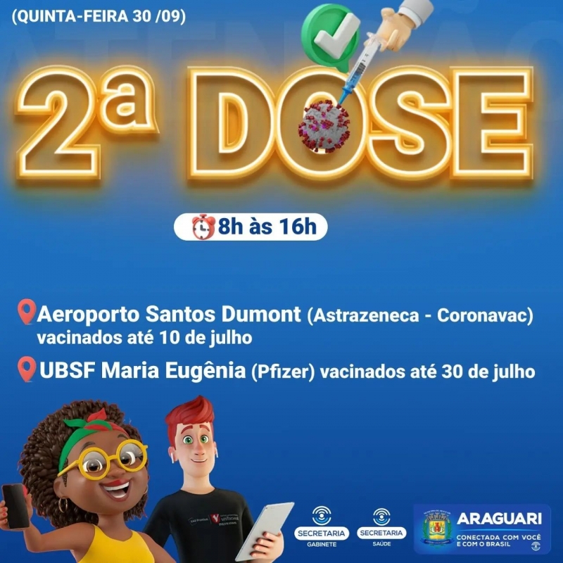 A vacinação da dose de reforço em Araguari continua avançando. Nesta quinta-feira (30), idosos acima de 74 anos que se vacinaram com a segunda dose até o dia 1 de abril, podem comparecer até ao aeroporto Santos Dumont das 8h às 16h.