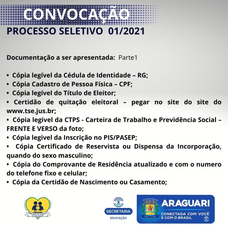 CONVOCAÇÃO DO PROCESSO SELETIVO 01/2021
