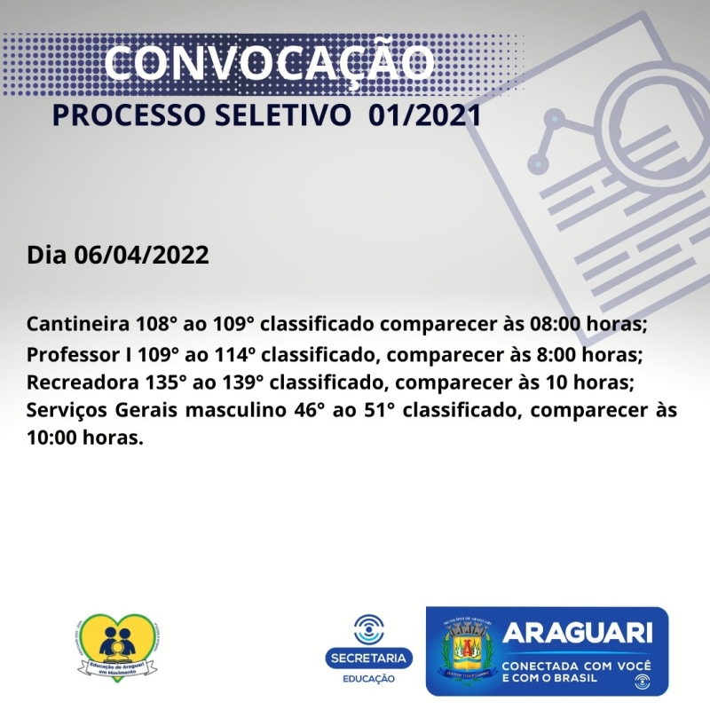 CONVOCAÇÃO DO PROCESSO SELETIVO 01/2021
