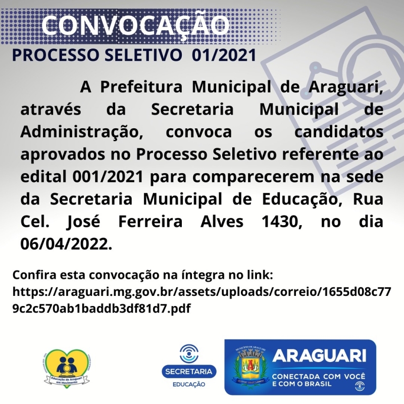 CONVOCAÇÃO DO PROCESSO SELETIVO 01/2021