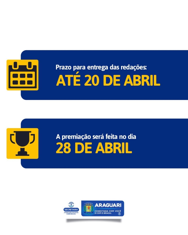 Com o objetivo de desenvolver valores importantes para o futuro dos alunos do 6º ano do Ensino Fundamental II de todas as Escolas Municipais, Estaduais e Particulares, a prefeitura de Araguari, através da secretaria da Juventude e Políticas Sobre Drogas, está promovendo um Concurso de Redação com o tema: "A vida é feita de escolhas... eu digo NÃO às Drogas!".