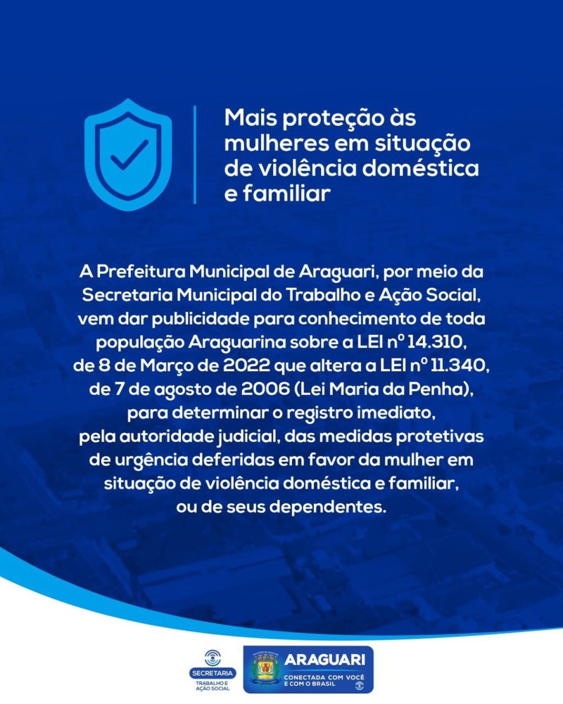 O presidente da República, Jair Bolsonaro, sancionou a Lei 14.310/22, que exige o registro imediato em banco de dados mantido pelo Conselho Nacional de Justiça (CNJ), de medidas protetivas decretadas por juiz a favor de mulheres vítimas de violência.