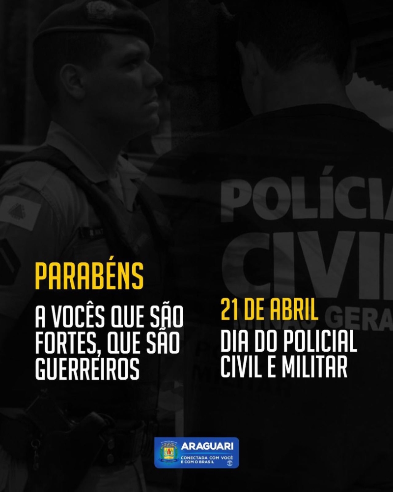 Parabéns a todos os policiais civis de Araguari. Eles são responsáveis pela investigação e elucidação de crimes. Garantem o bem-estar, mantém a ordem pública e a segurança da sociedade, portanto, as polícias apresentam papel fundamental à nossa sociedade. Homenagem da Prefeitura de Araguari.