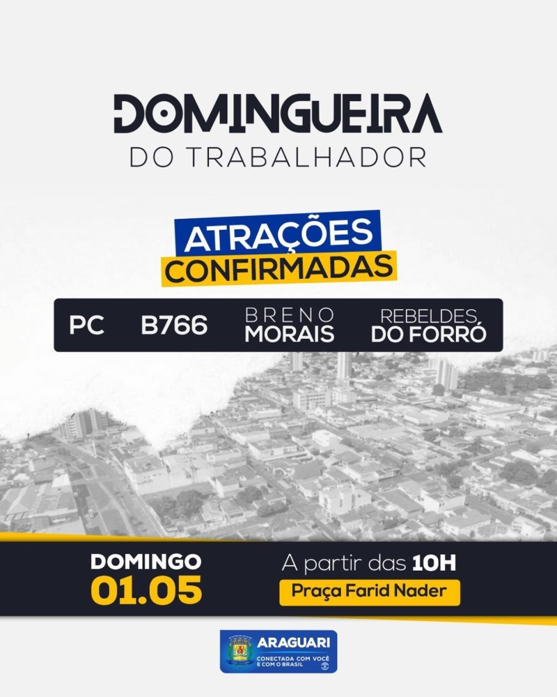 Em comemoração ao Dia do Trabalhador, a prefeitura de Araguari promoverá, no próximo domingo, dia 1º, uma grande festa que reunirá toda a comunidade em diversas atividades.