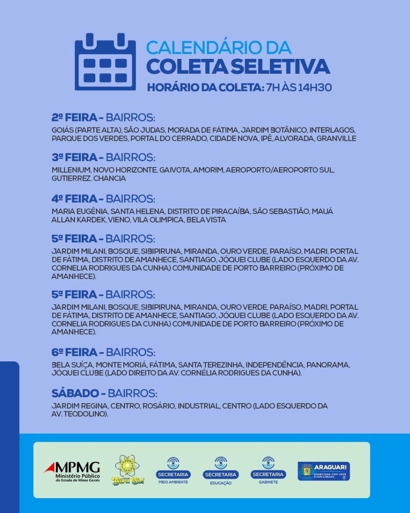 A Coleta Seletiva já é uma grata realidade em nossa cidade e conta com grande adesão da comunidade.  A prefeitura de Araguari, continua recolhendo diariamente materiais recicláveis em todos os bairros e distritos do município. A coleta também é realizada pontualmente, em diversas empresas e cooperativas que têm como hábito separar os materiais para a reciclagem.  De acordo com o secretário de Meio Ambiente, Guilherme Santana, a sustentabilidade é um dos pontos mais importantes para a administração Renato Carvalho e Maria Cecília e todo o material recolhido é destinado à ASCAMARA. “ O material é entregue na associação, devidamente separado e é dado o destino correto, beneficiando o meio ambiente e também auxiliando na geração de renda para esses trabalhadores”, explicou.  Confira os horários e locais da coleta seletiva em Araguari: