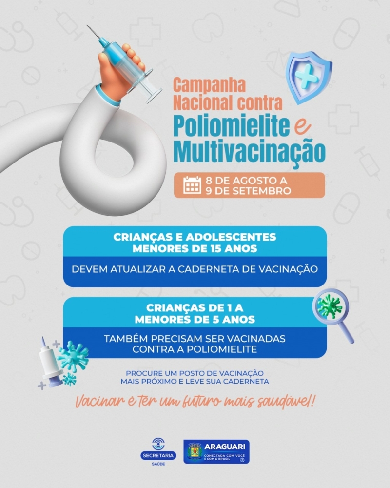 E atenção: crianças de 1 a menores de 5 anos, também precisam ser vacinadas contra Poliomielite.    Procure um posto de vacinação mais próximo e atualize a caderneta de vacinação de crianças e adolescentes menores de 15 anos.