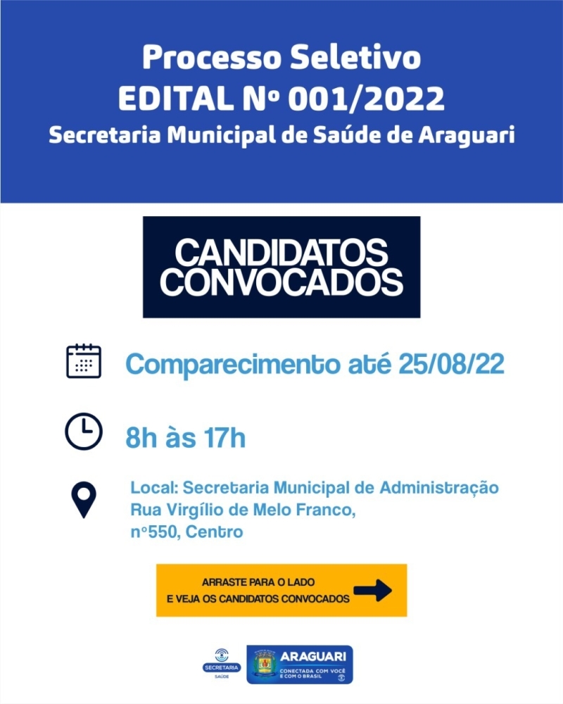 A prefeitura de Araguari, por meio da secretaria de Saúde, convoca os aprovados no Processo Seletivo 001/2022, para comparecerem até o dia 25 de agosto, das 8h às 17h, na secretaria de Saúde, localizada na rua Virgílio de Melo Franco, 550, Centro.