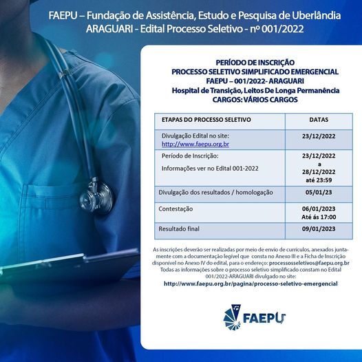 O edital com as regravações instruções para o processo seletivo pode ser encontrado no site www.faepu.org.br, ou em nosso link da bio.
