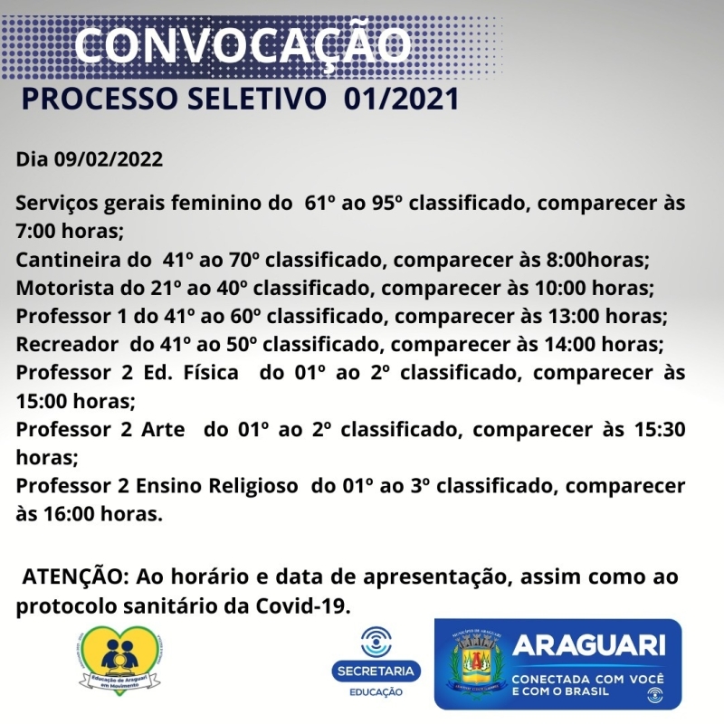 A Prefeitura Municipal de Araguari através da Secretaria Municipal de Administração, convoca os candidatos aprovados no Processo seletivo referente ao Edital 001/2021 para comparecerem na sede da Secretaria Municipal de Educação, Rua Cel. José Ferreira Alves 1430, nos dias 08, 09 e 10/02/2022, para apresentação dos documentos: