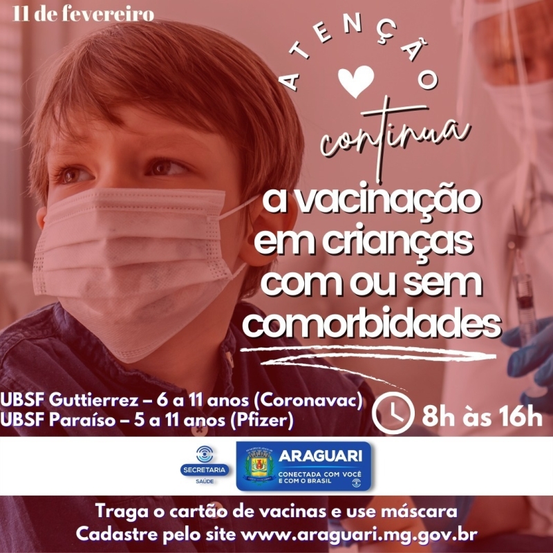 Vacinação Pediátrica  USBF Guttierrez – das 8h às 16h  1ª dose (Coronavac) para crianças de 6 anos a 11 anos COM e SEM comorbidades   USBF Paraíso– das 8h às 16h  1ª dose (Pfizer) para crianças de 5 anos a 11 anos COM e SEM comorbidades   Vacinação Adulta  UBSF Gutierrez  Coronavac 1ª e 2ª doses, Astrazeneca 2ª dose e Janssen dose de Reforço   UBSF’s Independência, Portal de Fátima, Bosque e Goiás  1ª (12 a 17 anos) e 2ª doses e dose de Reforço Pfizer   Distrito de Amanhece 1ª e 2ª doses, dose de Reforço e vacinação pediátrica (5 a 11 anos)   A secretaria de Saúde ressalta que para garantir maior controle e evitar o desperdício de vacinas, a abertura dos frascos são controladas a partir das 15h.