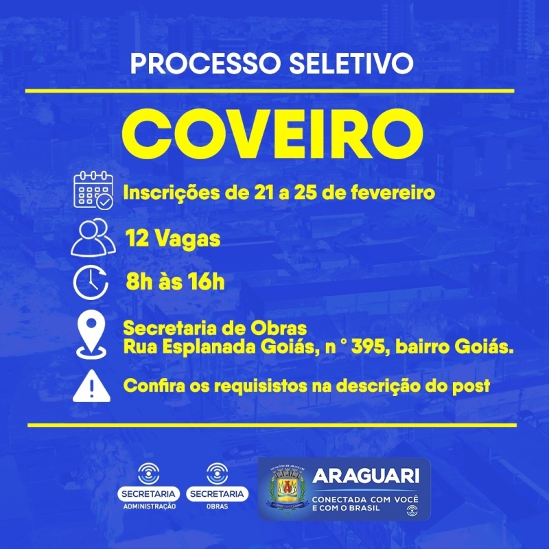 Considerando o aumento da demanda nos cemitérios do município, a prefeitura de Araguari, por meio da secretaria de Obras, irá realizar um processo seletivo simplificado para Coveiro. No total, serão disponibilizadas 12 vagas.