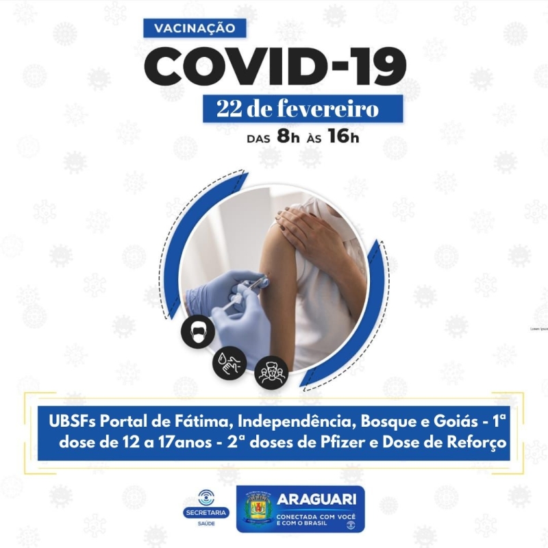 Vacinação Pediátrica  USBF Guttierrez – das 8h às 16h  1ª dose (Coronavac) para crianças de 6 anos a 11 anos COM e SEM comorbidades  USBF Paraíso– das 8h às 16h  1ª dose (Pfizer) para crianças de 5 anos a 11 anos COM e SEM comorbidades  Vacinação Adulta  UBSF Gutierrez  Coronavac 1ª e 2ª doses, Astrazeneca 2ª dose e Janssen dose de Reforço  UBSF’s Independência, Portal de Fátima, Bosque e Goiás  1ª (12 a 17 anos) e 2ª doses  Dose de Reforço Pfizer   A secretaria de Saúde ressalta que para garantir maior controle e evitar o desperdício de vacinas, a abertura dos frascos são controladas a partir das 15h30.