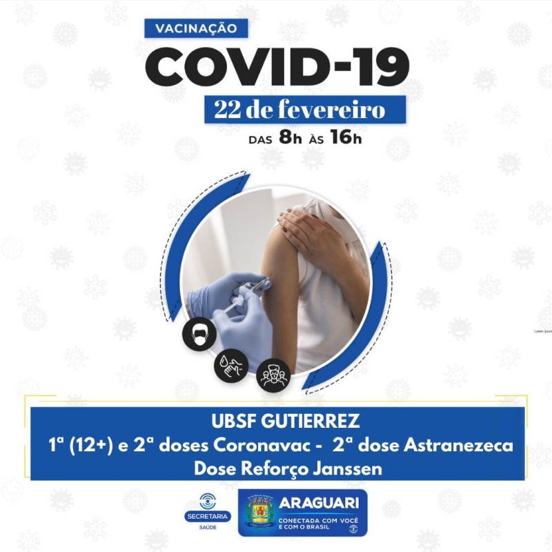 Vacinação Pediátrica  USBF Guttierrez – das 8h às 16h  1ª dose (Coronavac) para crianças de 6 anos a 11 anos COM e SEM comorbidades  USBF Paraíso– das 8h às 16h  1ª dose (Pfizer) para crianças de 5 anos a 11 anos COM e SEM comorbidades  Vacinação Adulta  UBSF Gutierrez  Coronavac 1ª e 2ª doses, Astrazeneca 2ª dose e Janssen dose de Reforço  UBSF’s Independência, Portal de Fátima, Bosque e Goiás  1ª (12 a 17 anos) e 2ª doses  Dose de Reforço Pfizer   A secretaria de Saúde ressalta que para garantir maior controle e evitar o desperdício de vacinas, a abertura dos frascos são controladas a partir das 15h30.