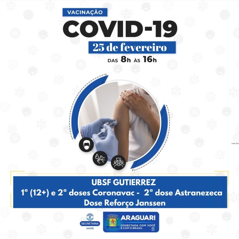 Vacinação Pediátrica  USBF Guttierrez – das 8h às 16h  1ª dose (Coronavac) para crianças de 6 anos a 11 anos COM e SEM comorbidades   USBF Paraíso– das 8h às 16h  1ª dose (Pfizer) para crianças de 5 anos a 11 anos COM e SEM comorbidades   Vacinação Adulta  UBSF Gutierrez  Coronavac 1ª e 2ª doses, Astrazeneca 2ª dose e dose de Reforço   UBSF’s Independência, Portal de Fátima, Bosque e Goiás   Dose de Reforço ( Janssen)   Distrito de Amanhece 1ª e 2ª doses, dose de Reforço e vacinação pediátrica (5 a 11 anos)