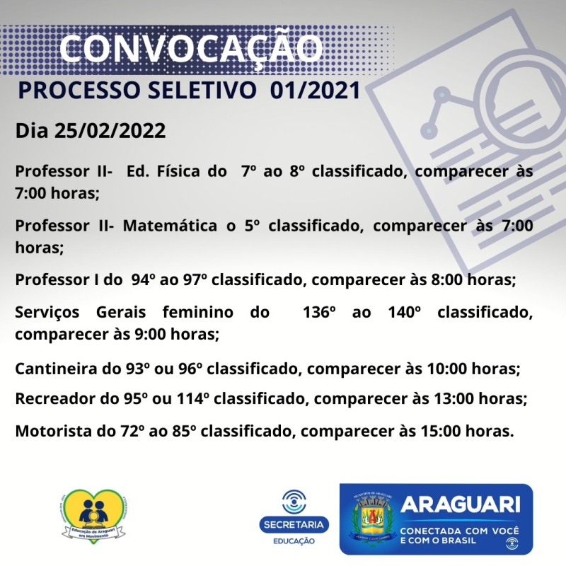 A Prefeitura Municipal de Araguari através da Secretaria Municipal de Administração, convoca os candidatos aprovados no Processo seletivo referente ao Edital 001/2021 para comparecerem na sede da Secretaria Municipal de Educação, Rua Cel. José Ferreira Alves 1430, no dia 25/02/2022, para apresentação dos documentos