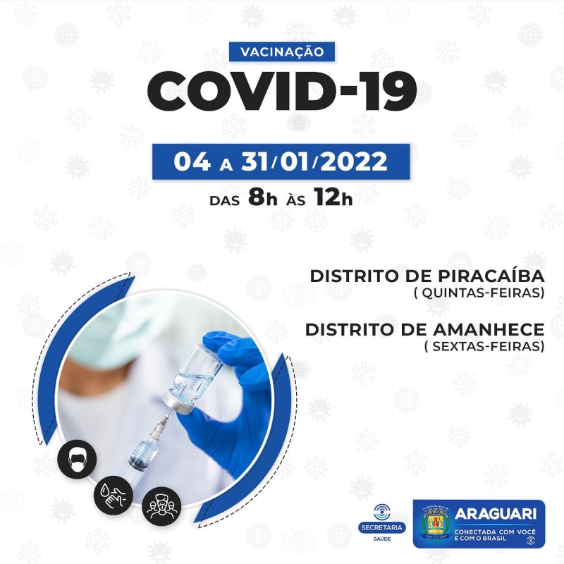 Dando continuidade à imunização contra Covid-19, que em 2021 obteve grande sucesso, a prefeitura de Araguari por meio da secretaria de Saúde, centralizou no mês de janeiro, a vacinação em sete Unidades de Saúde do município. São elas: UBSF Paraíso, UBSF Portal de Fátima, UBSF Guttierrez, UBSF Maria Eugênia, UBSF Goiás e nos distritos de Piracaíba e Amanhece.