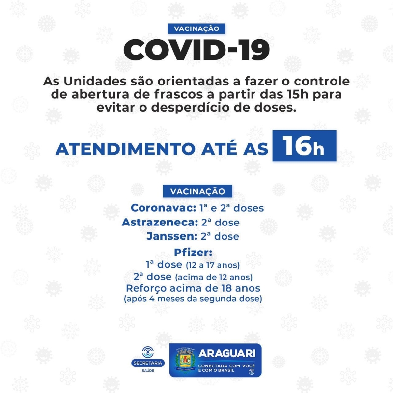 Dando continuidade à imunização contra Covid-19, que em 2021 obteve grande sucesso, a prefeitura de Araguari por meio da secretaria de Saúde, centralizou no mês de janeiro, a vacinação em sete Unidades de Saúde do município. São elas: UBSF Paraíso, UBSF Portal de Fátima, UBSF Guttierrez, UBSF Maria Eugênia, UBSF Goiás e nos distritos de Piracaíba e Amanhece.