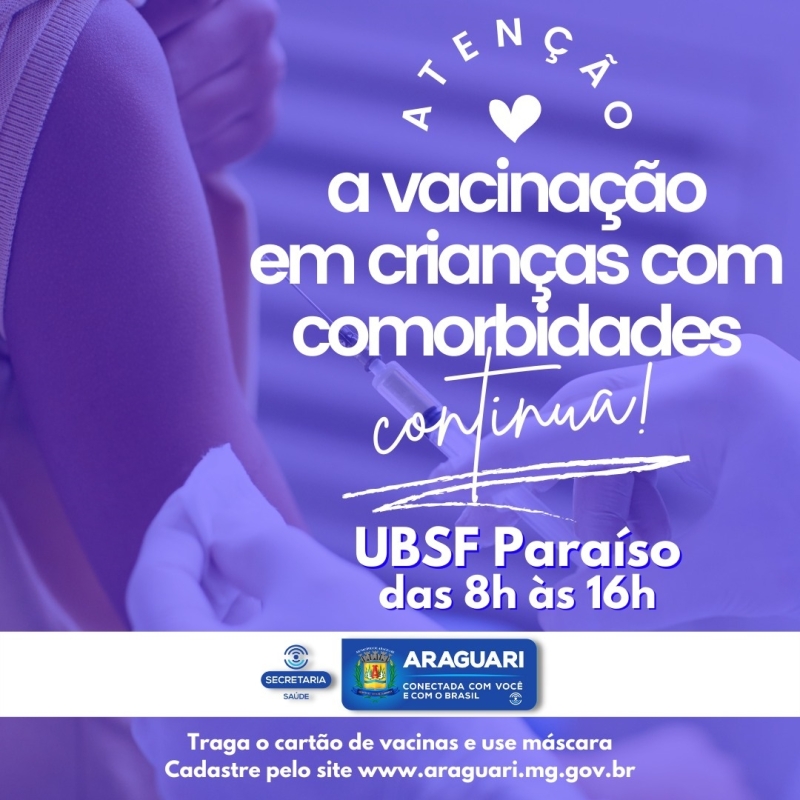 Com a vacinação a todo vapor em Araguari, a prefeitura informa todos os pontos de vacinação nesta quinta (20) e sexta-feira (21), de 1ª, 2ª dose para pessoas de 12 anos ou mais, dose de Reforço para maiores de 18 anos que tenham tomado a segunda dose há 4 meses e crianças de 5 a 11 anos com comorbidades.