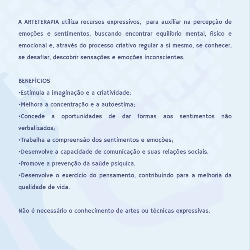 A prefeitura de Araguari por meio da secretaria de Saúde e do NASM – Núcleo de Apoio a Saúde Mental, está oferecendo nas Unidades de Saúde as oficinas de “Arteterapia”. São aulas de pintura, desenho e artesanato com diversos materiais como: feltro, E.V.A., linhas, fitas entre outros.