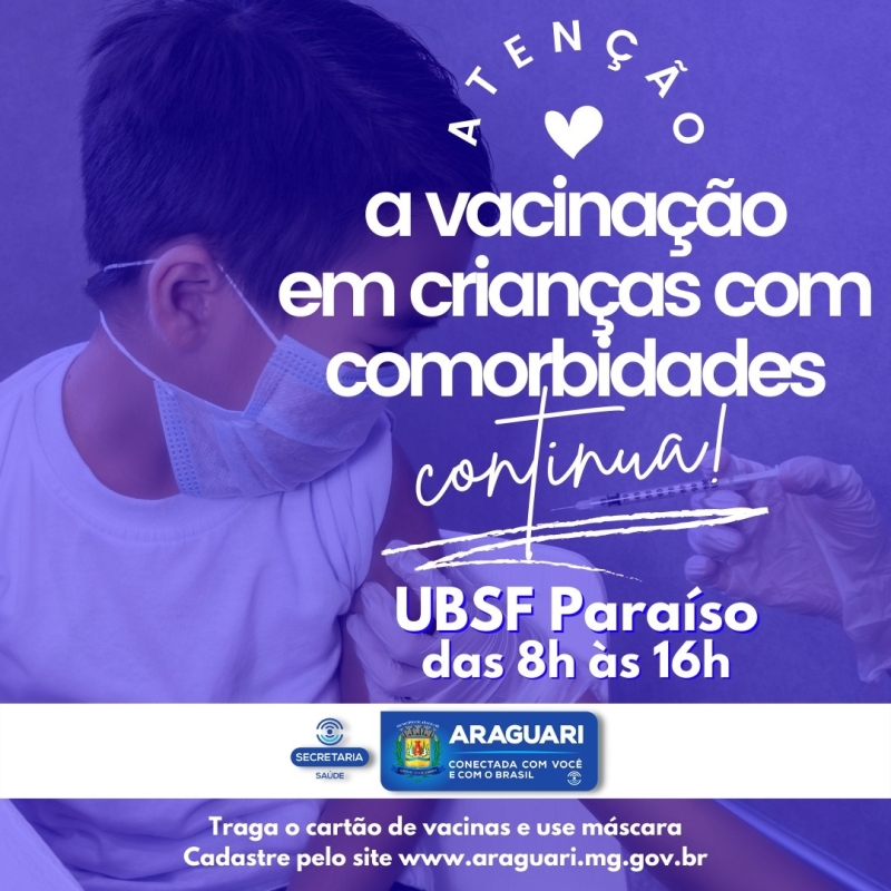Mais uma vez avançando e dando continuidade à imunização de toda a população araguarina, a prefeitura de Araguari começará nesta quarta-feira, 26 de janeiro, com a vacinação das crianças de 11 anos que NÃO possuem comorbidades, na UBSF Paraíso, das 8h às 16h.