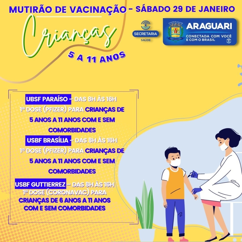 Sempre agindo em prol da saúde de toda população principalmente na proteção de todas nossas crianças, devido a aproximação do início das aulas, a prefeitura de Araguari por meio da secretaria de Saúde realizará neste sábado (29) um mutirão de vacinação para todas as crianças de 5 a 11 anos SEM e COM comorbidades.