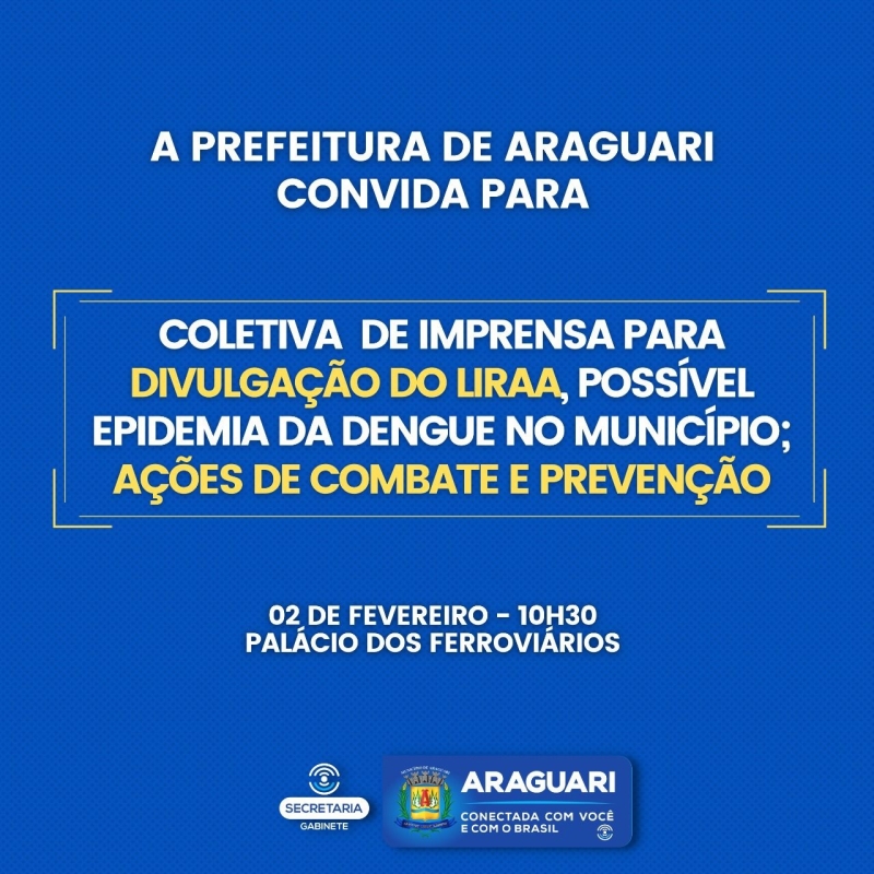 Secretaria de Saúde e Zoonoses divulgam nesta quarta-feira (2), às 10:30, no Palácio dos Ferroviários os números do último LIRAa, realizado no município no início desse ano.   Os dados de infestação são alarmantes e, para evitar uma possível epidemia, muitas ações estão sendo tomadas e a população precisa fazer o “dever de casa”.   O quê? Coletiva de imprensa sobre números alarmantes de infestação do mosquito transmissor da dengue e outras doenças   Onde? Palácio dos Ferroviários   Quando? 2 de fevereiro (quarta-feira), às 10h30