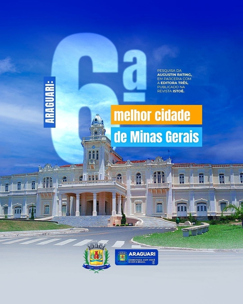 O Prefeito de Araguari Renato Carvalho está orgulhoso com a pesquisa divulgada pela Revista Isto É.  Em novo ranking nacional divulgado na última semana, Araguari aparece como a 6ª melhor cidade de Minas Gerais. O ranking "Melhores Cidades do Brasil" visa mapear o nível de desenvolvimento socioeconômico das cidades brasileiras. A base de dados é formada pelo banco de informações de órgãos federais e instituições públicas, do Instituto Brasileiro de Geografia e Estatística (IBGE) e o Datasus.  A qualidade de vida e os avanços econômicos conquistados por Araguari mostram que a cidade está realmente se transformando e melhorando a vida da população. A pesquisa da revista Isto É foi realizada em parceria pela Editora Três e a agência classificadora de risco de crédito Austin Rating.  Prefeitura de Araguari, conectada com você e com o Brasil.