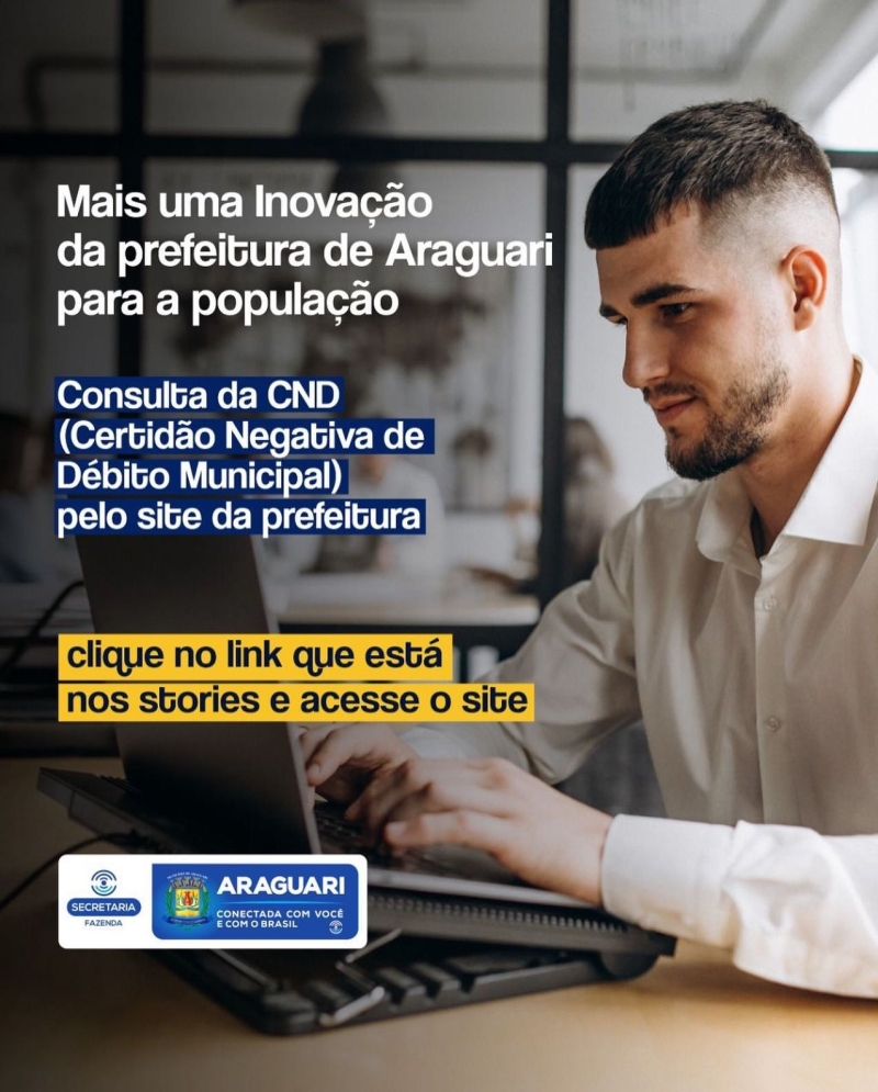 Certidão Negativa de Débito Municipal pode ser requerida no site da prefeitura Inovando mais uma vez em prol da população, a prefeitura de Araguari está disponibilizando a Certidão Negativa de Débito Municipal de maneira fácil e rápida, através do site da prefeitura.  O contribuinte deve acessar o site diretamente pelo link encurtador.com.br/cfjHM, sendo possível emitir as certidões por contribuinte, imóvel e mobiliário de pessoas físicas ou jurídicas.  O secretário de Fazenda, Thiago Faria, explicou que caso não existam débitos, a Certidão Negativa será gerada imediatamente. “Se o contribuinte tiver algum débito ou pendência fiscal, será informado sobre a situação para que o cidadão se dirija até a setor de tributação para regularizar os débitos”.