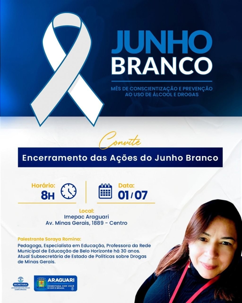 A prefeitura de Araguari convida para o Encerramento das Ações do Junho Branco, nesta sexta-feira (1), às 8h, no IMEPAC – avenida Minas Gerais, 1889. O quê? Encerramento das Ações do Junho Branco Onde? IMEPAC – avenida Minas Gerais, 1889 Quando? 01/07 (sexta-feira), às 8h