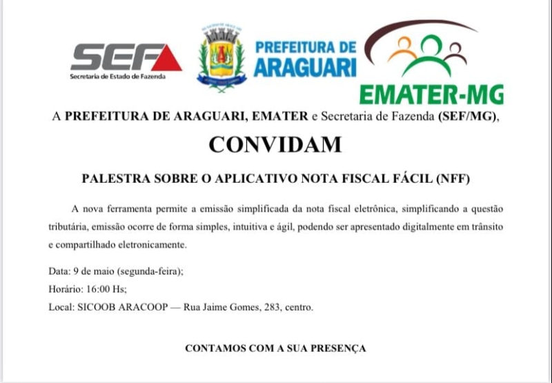 A Prefeitura de Araguari, através da Secretaria de Agricultura em parceria com o Instituto de Assistência Técnica e Extensão Rural – EMATER e a Secretaria Estadual da Fazenda convidam os produtores rurais que possuem o interesse em receber orientações sobre como tirar notas fiscais pelo aplicativo “Nota Fiscal Fácil” em seu próprio celular de forma simples.