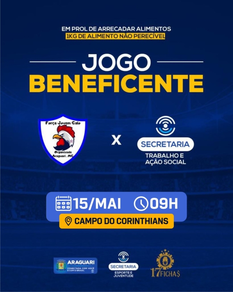 Após ser adiado, o jogo beneficente entre as equipes, Força Jovem Galo contra uma equipe que foi formada pela secretaria de Trabalho e Ação Social, será realizado no próximo domingo, 15 de maio, às 9h.