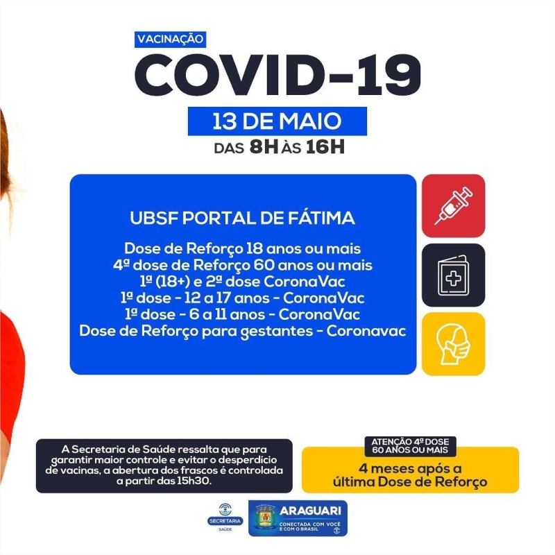 UBSF Portal de Fátima Dose de Reforço 18 anos ou mais 4ª dose de Reforço 60 anos ou mais 1ª (18+) e 2ª dose CoronaVac 1ª dose -12 a 17 anos - CoronaVac 1ª dose -6 a 11 anos - CoronaVac Dose de Reforço para gestantes - Coronavac UBSF Independência Dose de Reforço 18 anos ou mais 4ª dose de Reforço 60 anos ou mais 1ª (18+) e 2ª dose CoronaVac 1ª dose -12 a 17 anos - CoronaVac 1ª dose -6 a 11 anos - CoronaVac Dose de Reforço para gestantes - Coronavac UBS Bosque Dose de Reforço 18 anos ou mais 4ª dose de Reforço 60 anos ou mais 1ª (18+) e 2ª dose CoronaVac 1ª dose -12 a 17 anos - CoronaVac 1ª dose -6 a 11 anos - CoronaVac Dose de Reforço para gestantes – Coronavac UBS Goiás Dose de Reforço 18 anos ou mais 4ª dose de Reforço 60 anos ou mais 1ª (18+) e 2ª dose CoronaVac 1ª dose -12 a 17 anos - CoronaVac 1ª dose -6 a 11 anos - CoronaVac Dose de Reforço para gestantes – Coronavac UBSF Gutierrez 1ª (18+) e 2ª dose CoronaVac 1ª dose -12 a 17 anos - CoronaVac 1ª dose -6 a 11 anos - CoronaVac Dose Reforço Janssen 18 anos ou mais 2º dose AstraZeneca Dose de Reforço -18 anos ou mais 4ª dose de Reforço 60 anos ou mais Dose de Reforço para gestantes - Coronavac UBSF Paraíso Dose de Reforço 18 anos ou mais 4ª dose de Reforço 60 anos ou mais 1ª e 2ª doses crianças 5 a 11 anos Pfizer Pediátrica 1ª (18+) e 2ª dose CoronaVac 1ª dose -12 a 17 anos - CoronaVac 1ª dose -6 a 11 anos - CoronaVac Dose de Reforço para gestantes – Coronavac DISTRITO DE AMANHECE 1ª e 2ª doses, dose de Reforço e vacinação pediátrica (6 A 11 ANOS) 4ª dose de Reforço 60 anos ou mais Gestantes 1ª e 2ª doses e Reforço A secretaria de Saúde ressalta que para garantir maior controle e evitar o desperdício de vacinas, a abertura dos frascos é controlada a partir das 15h30.