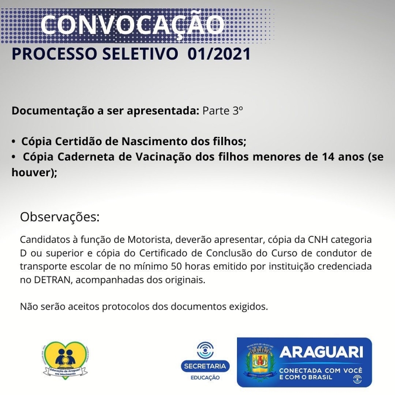 A Prefeitura Municipal de Araguari através da Secretaria Municipal de Administração, convoca os candidatos aprovados no Processo seletivo referente ao Edital 001/2021 para comparecerem na sede da Secretaria Municipal de Educação, Rua Cel. José Ferreira Alves 1430, no dia 10/03/2022, para apresentação dos documentos