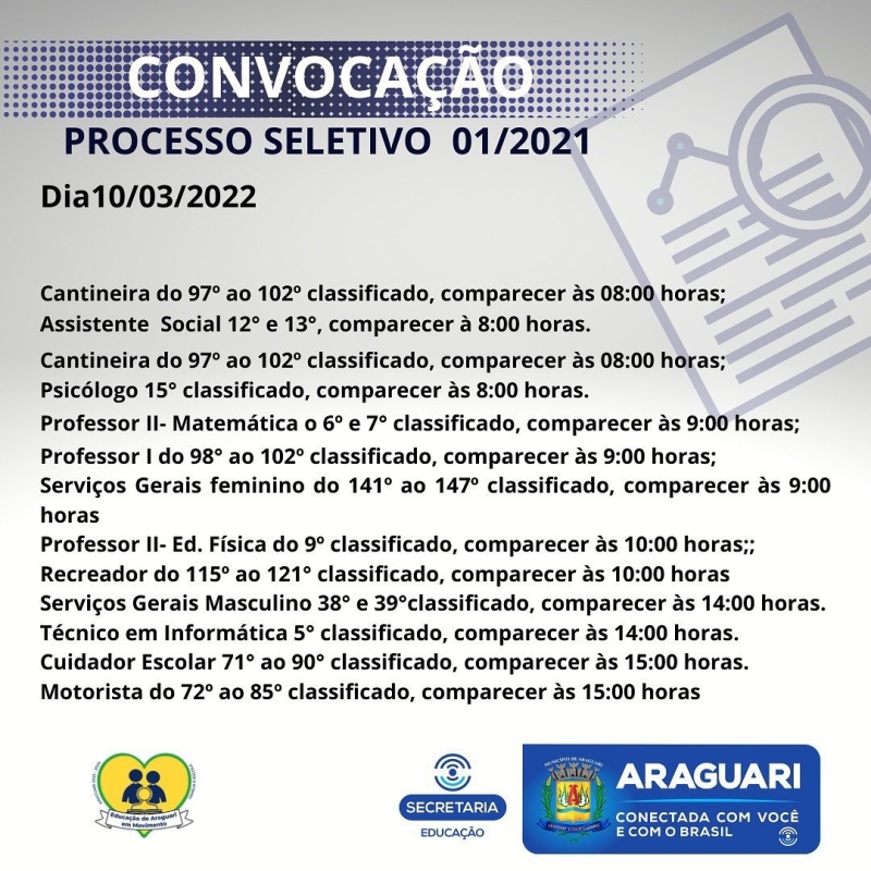 A Prefeitura Municipal de Araguari através da Secretaria Municipal de Administração, convoca os candidatos aprovados no Processo seletivo referente ao Edital 001/2021 para comparecerem na sede da Secretaria Municipal de Educação, Rua Cel. José Ferreira Alves 1430, no dia 10/03/2022, para apresentação dos documentos