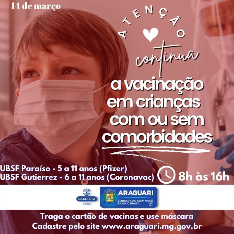 UBSF Portal de Fátima e Independência 1ª dose 12 a 17 anos - Pfizer 2º dose - Pfizer Dose de (Reforço) GESTANTES - Pfizer UBS Goiás e UBSF Bosque Dose de Reforço (DR) UBSF Gutierrez 1ª (18+) e 2ª dose CoronaVac 1ª dose -12 a 17 anos - CoronaVac 1ª dose -6 a 11 anos - CoronaVac 2º dose AstraZeneca UBSF Paraíso 1ª e 2ª doses crianças - 5 a 11 anos - Pfizer Pediátrica 2ª dose crianças 6-11 anos CoronaVac A secretaria de Saúde ressalta que para garantir maior controle e evitar o desperdício de vacinas, a abertura dos frascos é controlada a partir das 15h30.