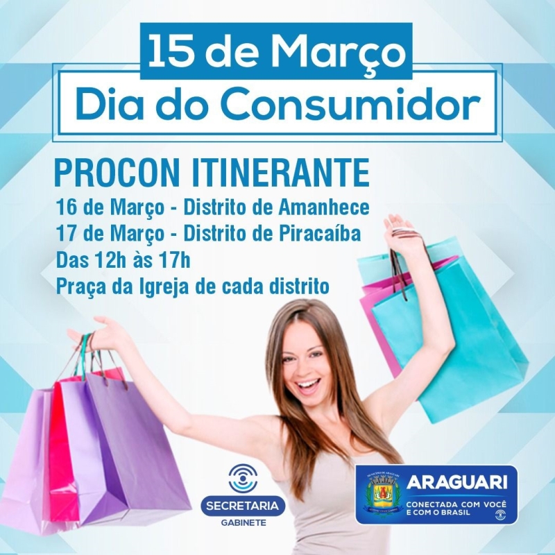 Na semana que comemoramos o dia do consumidor, 15 de março, o PROCON DE ARAGUARI fará o atendimento itinerante, dia 16 de março na praça do distrito de Amanhece e 17 de março, na praça do distrito de Piracaíba.